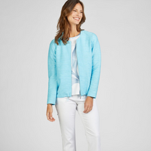 Load image into Gallery viewer, female model looking away from camera smiling wearing rabe jacket in blue colour
