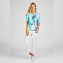 Load image into Gallery viewer, Model standing wearing Rabe Palmtree print T-Shirt in aqua color.
