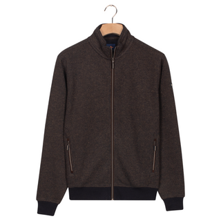 Brown jacket on a hanger against a white background