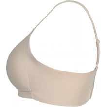 Load image into Gallery viewer, A light beige seamless bralette with a single thin shoulder strap, shown from a three-quarters angle against a solid white background.
