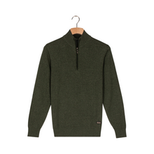 Load image into Gallery viewer, Green sweater with a quarter zip on a hanger against a white background
