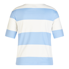 Load image into Gallery viewer, Striped shirt with blue and white horizontal stripes on a white background
