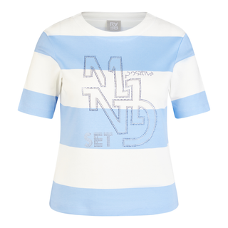 Light blue and white striped shirt with text on a white background