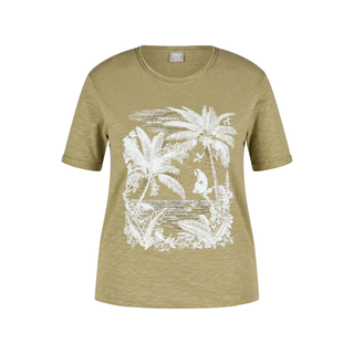Green t-shirt with white palm tree design on a white background
