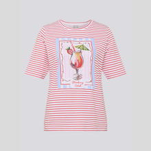 Load image into Gallery viewer, Red and white striped t-shirt with a graphic of a strawberry cocktail on a light gray background

