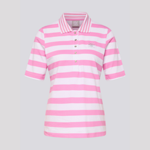 Load image into Gallery viewer, Pink and white striped polo shirt on a light gray background
