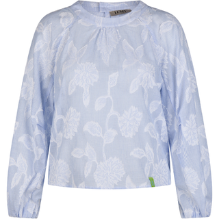 Light blue long-sleeve shirt with white floral pattern on a white background