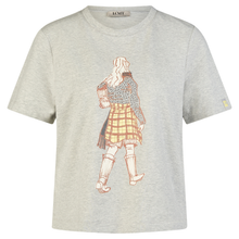 Load image into Gallery viewer, A light gray heather short-sleeve t-shirt featuring a central graphic illustration of a woman in a plaid skirt and patterned top, with the brand name 'LOEWE' printed inside the collar.
