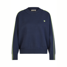 Load image into Gallery viewer, A navy blue crewneck sweatshirt with neon yellow-green stripe details running down the sleeves and a small matching logo on the left chest, shown against a plain white background.
