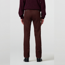 Load image into Gallery viewer, A person shown from the back wearing dark brown straight-leg trousers, a burgundy ribbed sweater, and black shoes against a light gray studio background.
