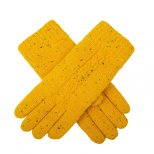 Load image into Gallery viewer, A pair of bright yellow cable-knit winter gloves with small dark and white flecks throughout, arranged in an X-shape on a plain white background.

