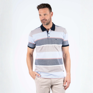 Man wearing a striped polo shirt on a white background