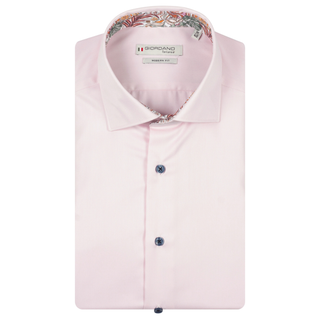 Pink dress shirt with floral collar and Giorgio Armani label on a white background