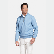 Load image into Gallery viewer, Man wearing a light blue pullover with a quarter zip on a white background
