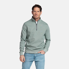 Load image into Gallery viewer, Man wearing a light gray quarter-zip sweater and light blue jeans on a white background
