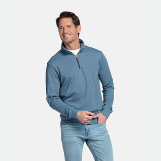 Man wearing a blue pullover with a white background