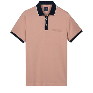 Peach polo shirt with black trim on a white background