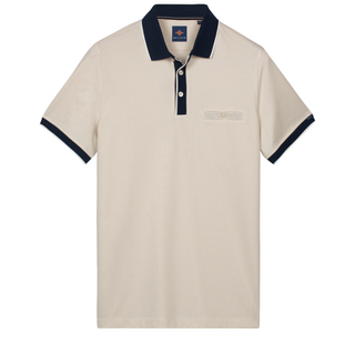 Beige polo shirt with navy accents on a white background