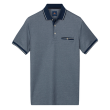 Load image into Gallery viewer, Gray polo shirt with navy accents on a white background
