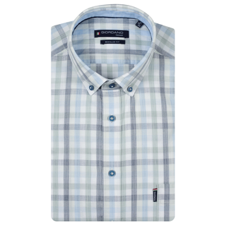 Folded checkered shirt with Giordano label on a white background