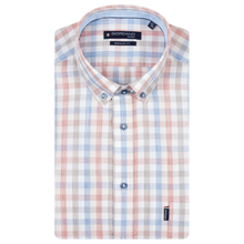Load image into Gallery viewer, Checkered shirt with brand label on a white background
