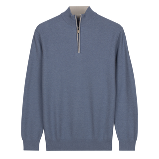 Blue sweater with a quarter zip on a white background