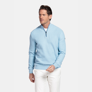 Man wearing a light blue quarter-zip sweater and white pants on a white background