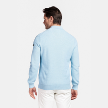 Load image into Gallery viewer, Man wearing a light blue sweater and white pants on a white background
