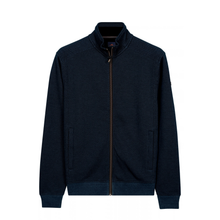 Load image into Gallery viewer, A dark navy blue zip-up jacket with a stand-up collar, ribbed cuffs and hem, and side pockets, shown against a plain white background.

