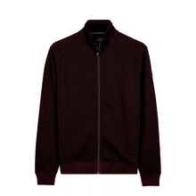 Load image into Gallery viewer, A dark burgundy zip-up jacket with a stand-up collar, shown flat against a solid white background.
