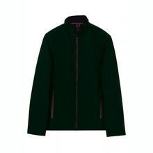 Load image into Gallery viewer, A dark forest green zip-up jacket with a stand-up collar, shown flat against a solid white background.
