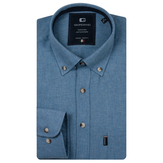 A folded blue long-sleeve button-down dress shirt by Giordano, featuring a textured weave, classic collar, and brown buttons, shown on a solid white background.