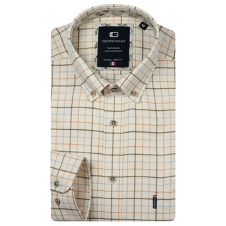 A folded long-sleeve button-down shirt by Giorlando, featuring a beige and white windowpane check pattern with thin orange and blue grid lines. The brand label is visible on the inner collar.