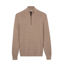 Load image into Gallery viewer, A men's half-zip knit sweater in a heathered taupe-brown color, featuring a mock neck collar and a short front zipper, shown against a plain white background.
