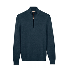 Load image into Gallery viewer, A dark navy blue heathered knit quarter-zip sweater with a mock neck collar, displayed on a clean white background.
