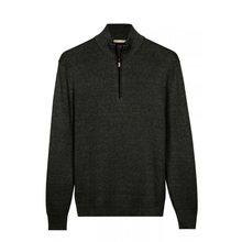Load image into Gallery viewer, A dark green half-zip knit sweater with a mock neck collar, displayed on a clean white background.
