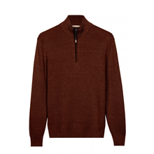 Load image into Gallery viewer, A rustic brown heathered knit quarter-zip sweater with a mock neck collar, displayed on a clean white background.
