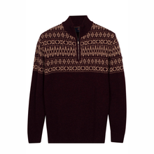 Load image into Gallery viewer, A dark burgundy knit quarter-zip sweater with a beige and brown Fair Isle pattern across the yoke and shoulders, shown against a plain white background.
