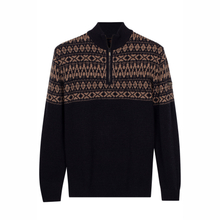 Load image into Gallery viewer, A men's long-sleeve quarter-zip sweater with a dark navy body and a beige Fair Isle pattern across the yoke and shoulders, shown on a plain white background.
