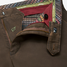 Load image into Gallery viewer, Close-up of a pair of brown trousers showing the interior waistband, button closure, and colorful patterned lining.
