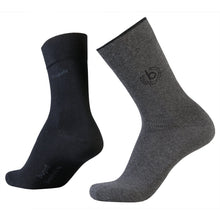 Load image into Gallery viewer, Two crew socks shown on invisible forms against a plain white background: one black sock and one heather gray sock. Each sock has a small circular 'b' logo near the cuff and faint brand text near the foot.
