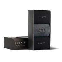 Load image into Gallery viewer, A Bugatti three-pack of socks in black and gray, presented in a black gift box on a white background.
