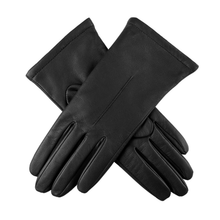Load image into Gallery viewer, Pair of black leather gloves on a white background
