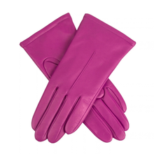 Load image into Gallery viewer, A pair of magenta leather gloves, one laid flat and the other standing upright, displayed on a clean white background.
