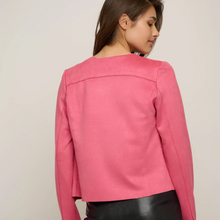 Load image into Gallery viewer, female model wearing pink slim fit jacket with arms down to side
