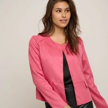 Load image into Gallery viewer, female model wearing pink slim fit jacket looking away from camera smiling
