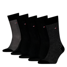 Load image into Gallery viewer, Five pairs of crew socks arranged in a fan shape on a plain white background. The socks are predominantly black, with one pair in heather gray and one pair featuring thin white horizontal stripes.
