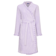 Load image into Gallery viewer, Full product image of a lilac morning gown with waist tie and frills down the front
