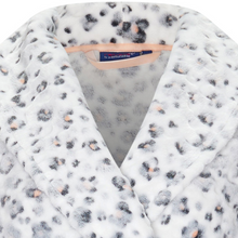 Load image into Gallery viewer, Close up of a white morning gown with black and light peach animal print
