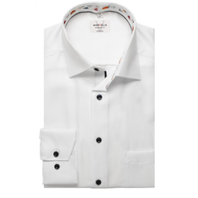 Load image into Gallery viewer, White dress shirt with black buttons and a patterned collar on a white background
